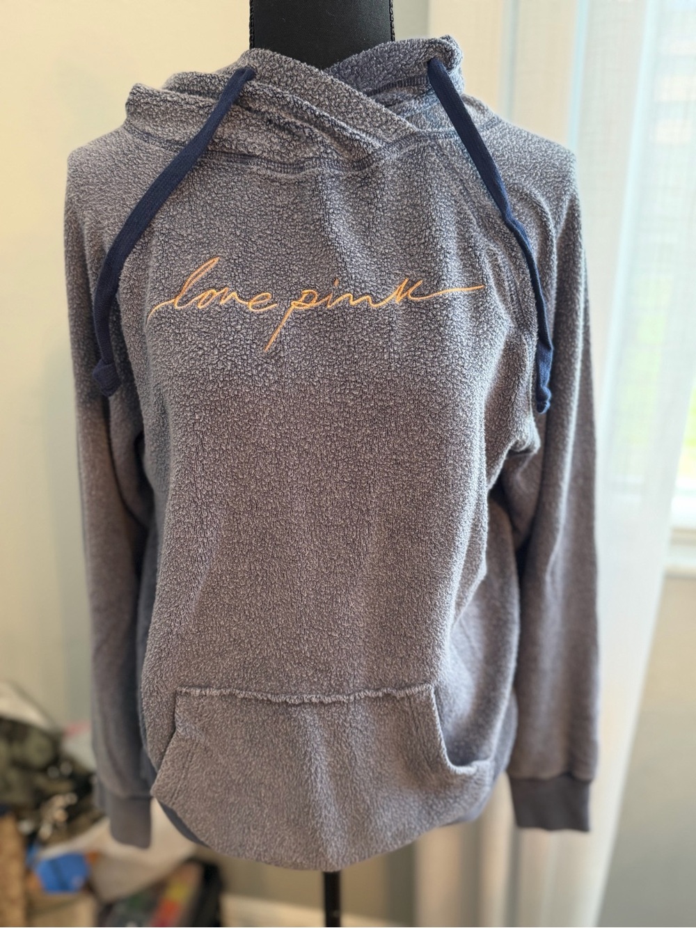 PINK Victoria's Secret Gray Sherpa Hoodie with Gold Script